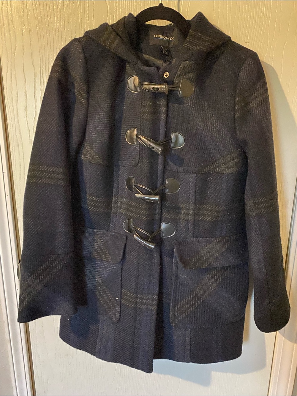 London Fog Navy Plaid Toggle Hooded Pea Coat